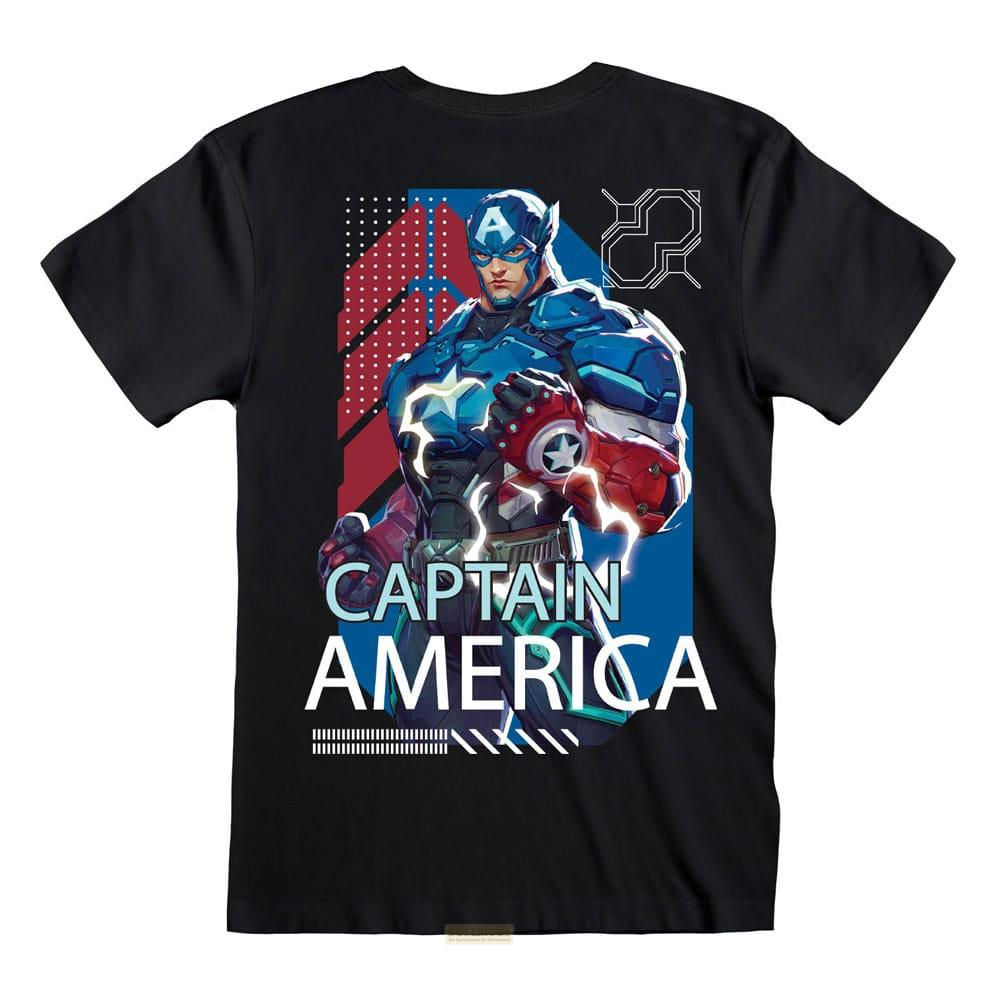 Captain America auf schwarzem T-Shirt, blau-rote Grafik im Hintergrund.