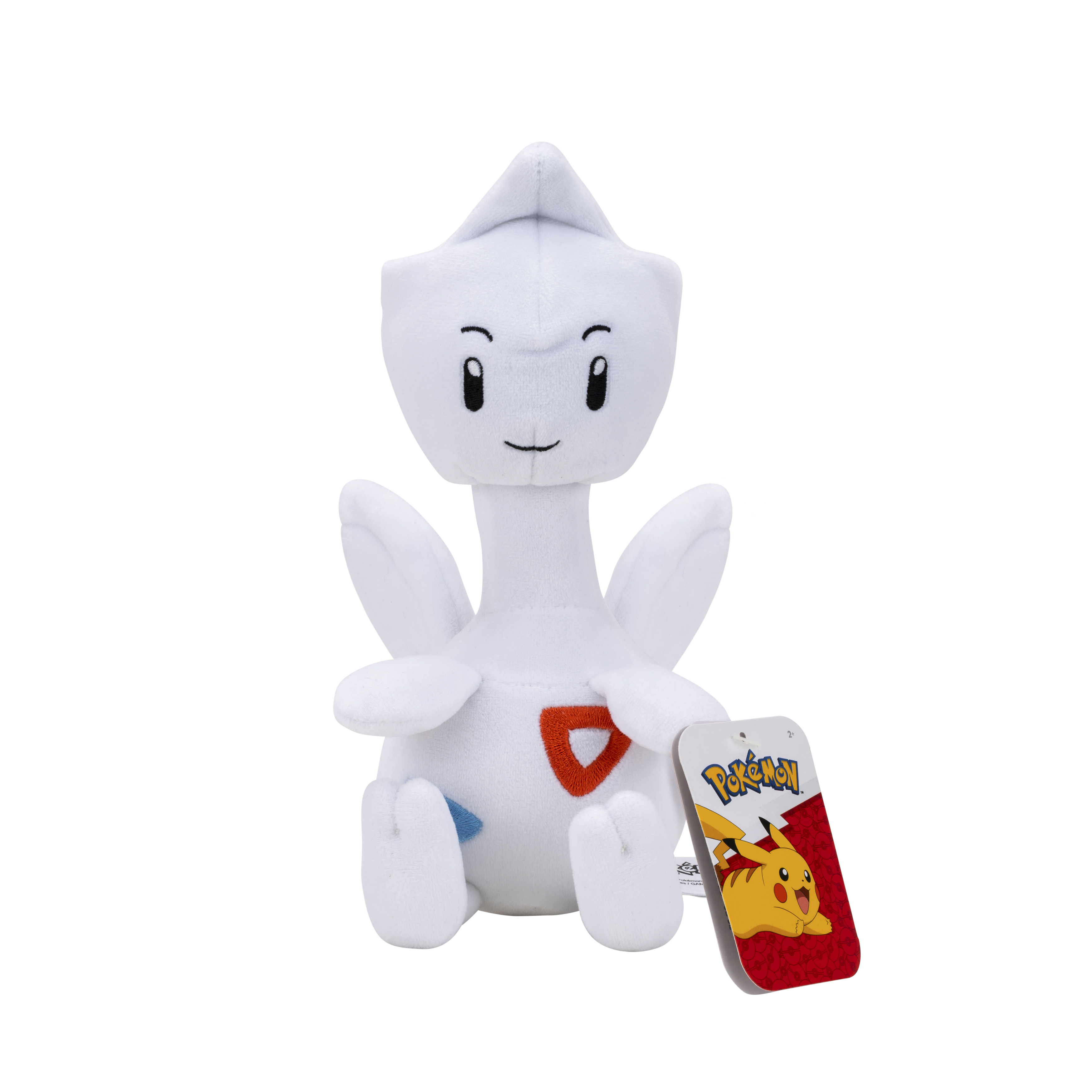 Weißer Plüsch-Togepi mit roten und blauen Akzenten und Pokémon-Tag.