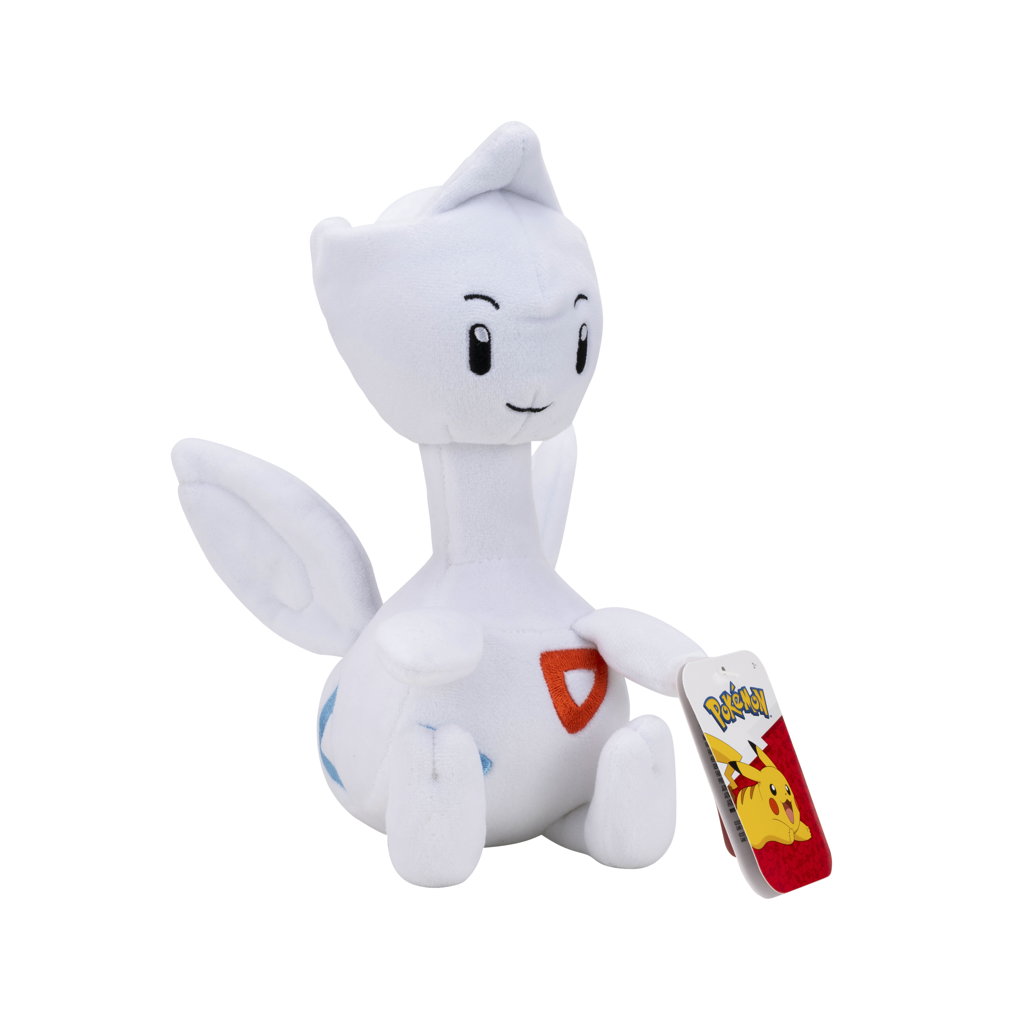 Ein weißes Togepi-Plüschtier sitzt, mit einem Pokémon-Tag.