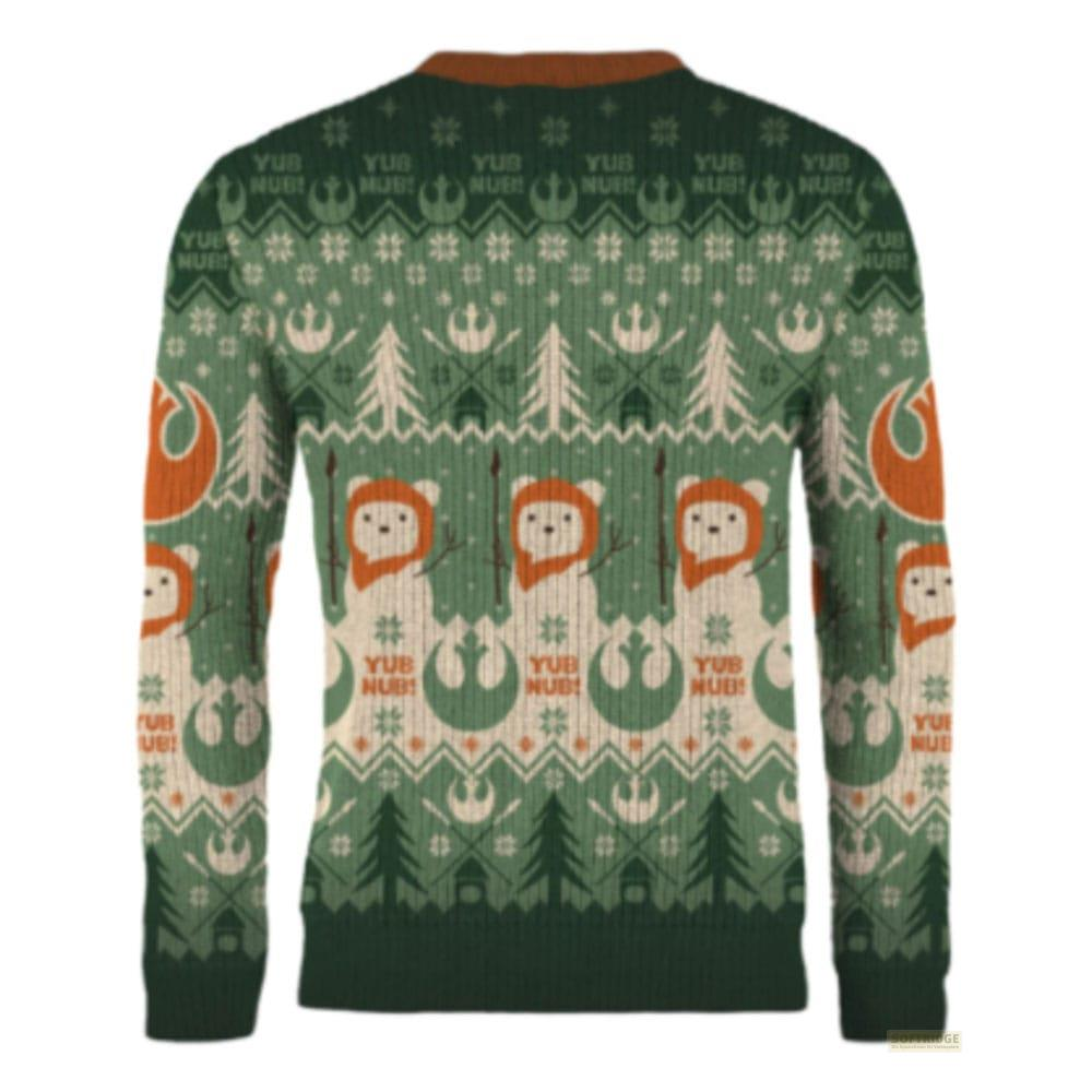Suéter verde con patrón Ewok de Star Wars, árboles y texto "Yub Nub!".