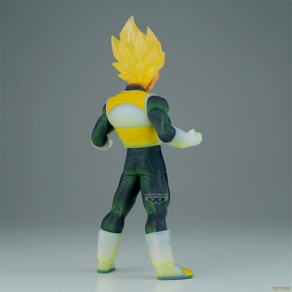 Una figura con pelo amarillo y armadura azul, amarilla y blanca.