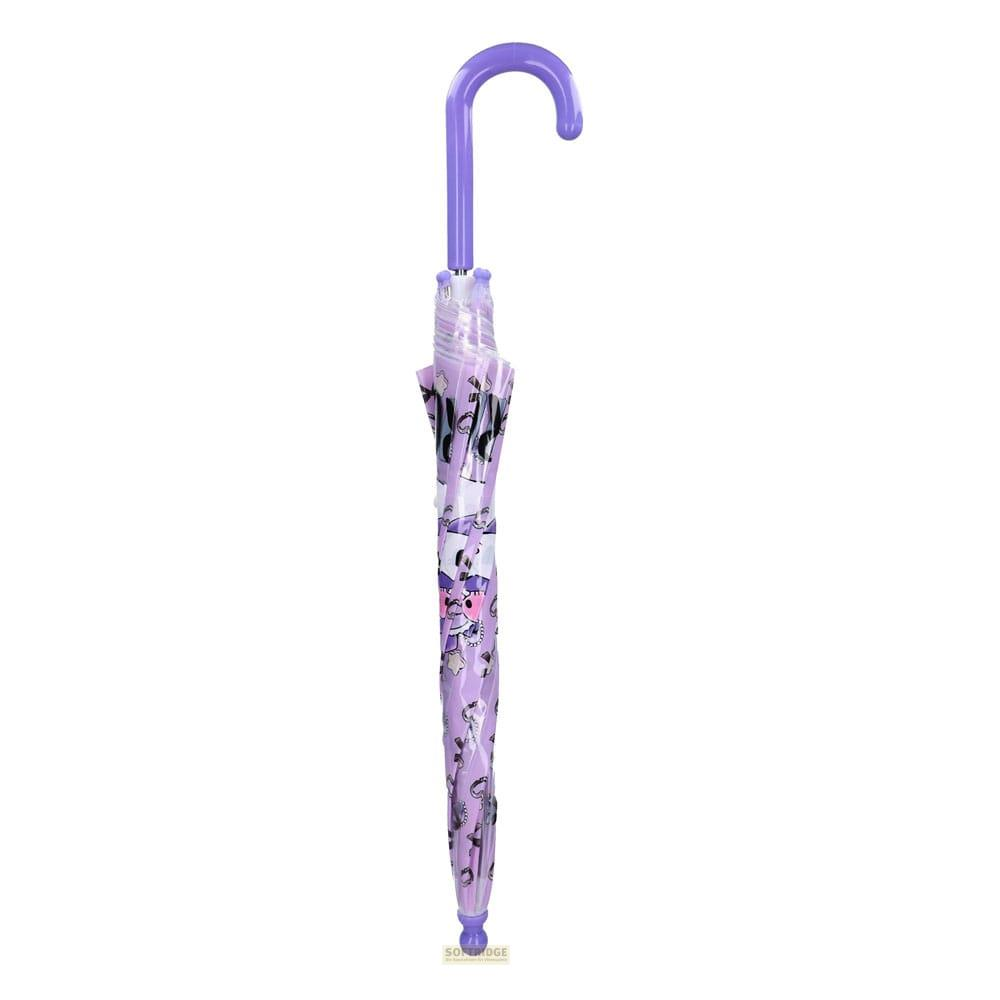 Un paraguas morado cerrado con estampados de dibujos animados y un asa curva.