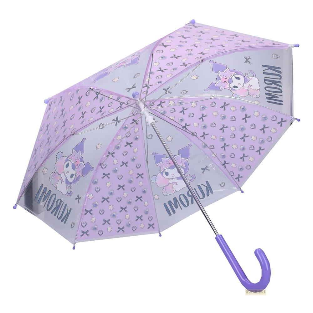 Un paraguas morado con personaje Kuromi y pequeños patrones de corazones/cruces.