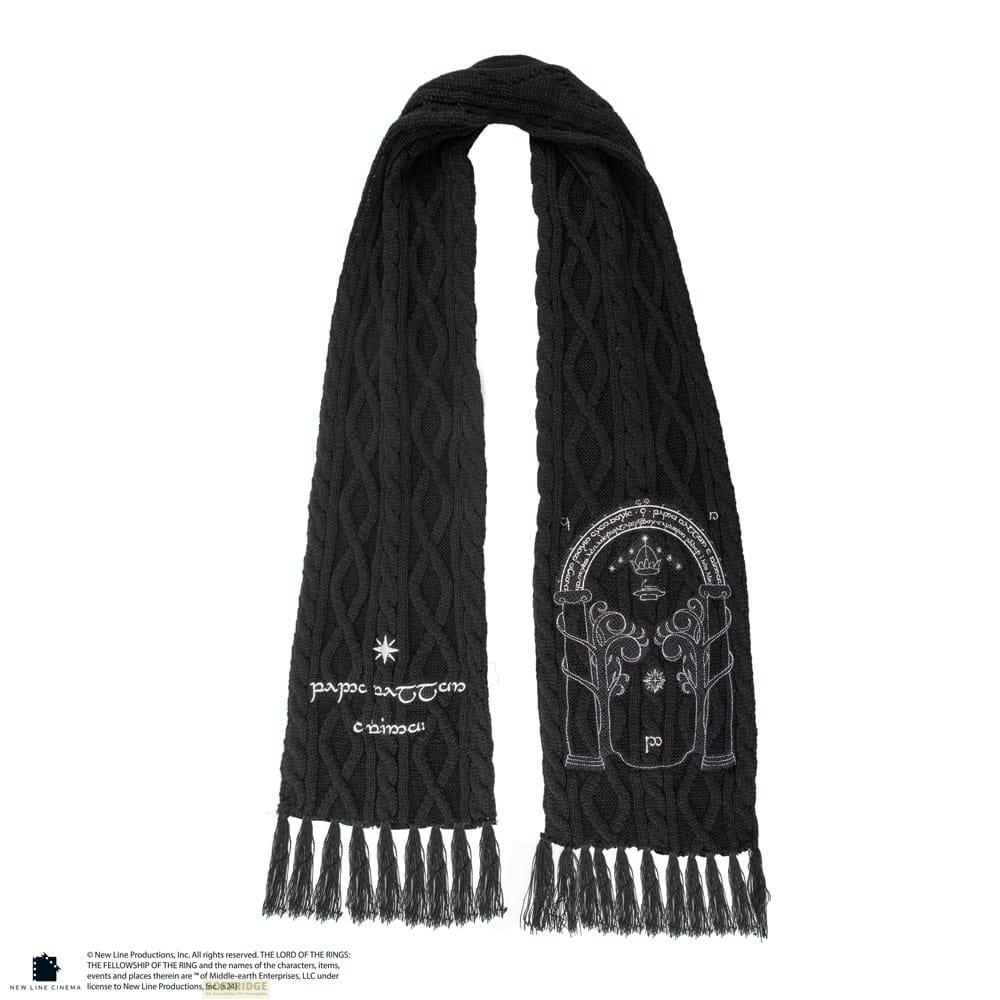 Écharpe noire torsadée avec runes et arc brodés.