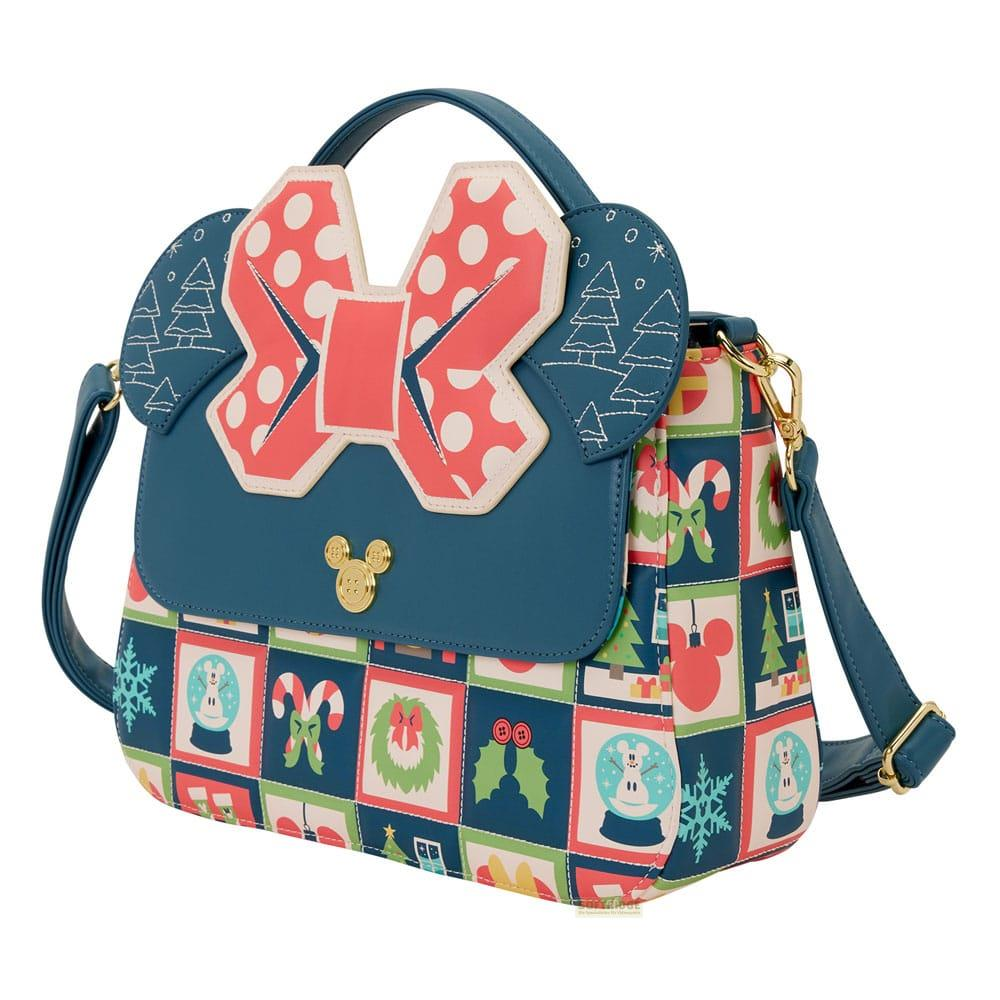 Bolso cruzado azul con estampado navideño de Mickey Mouse y lazo rojo de lunares.