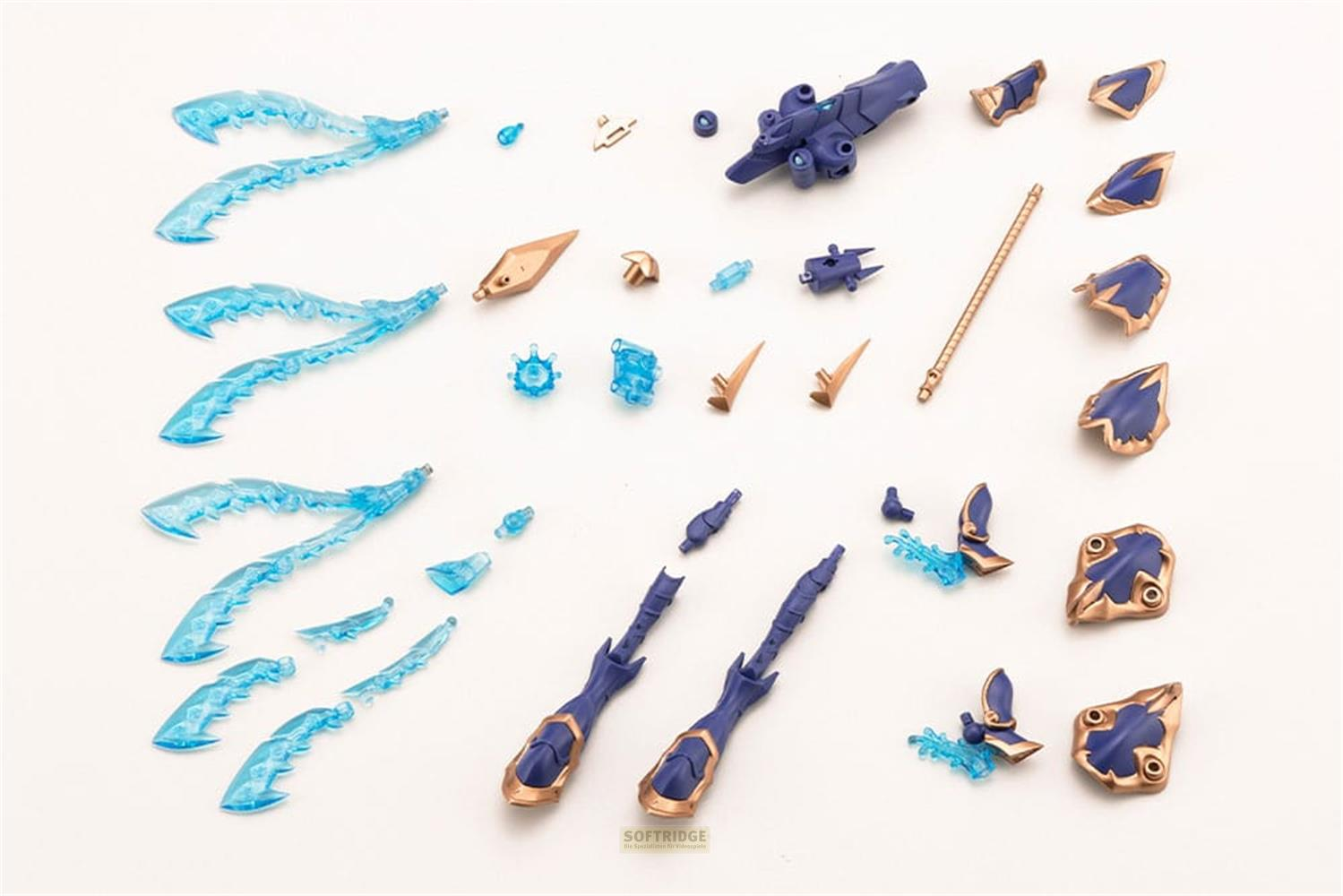 Pièces de kit de modèle bleues et dorées, y compris des armes et des pièces d'armure, disposées sur une surface blanche.