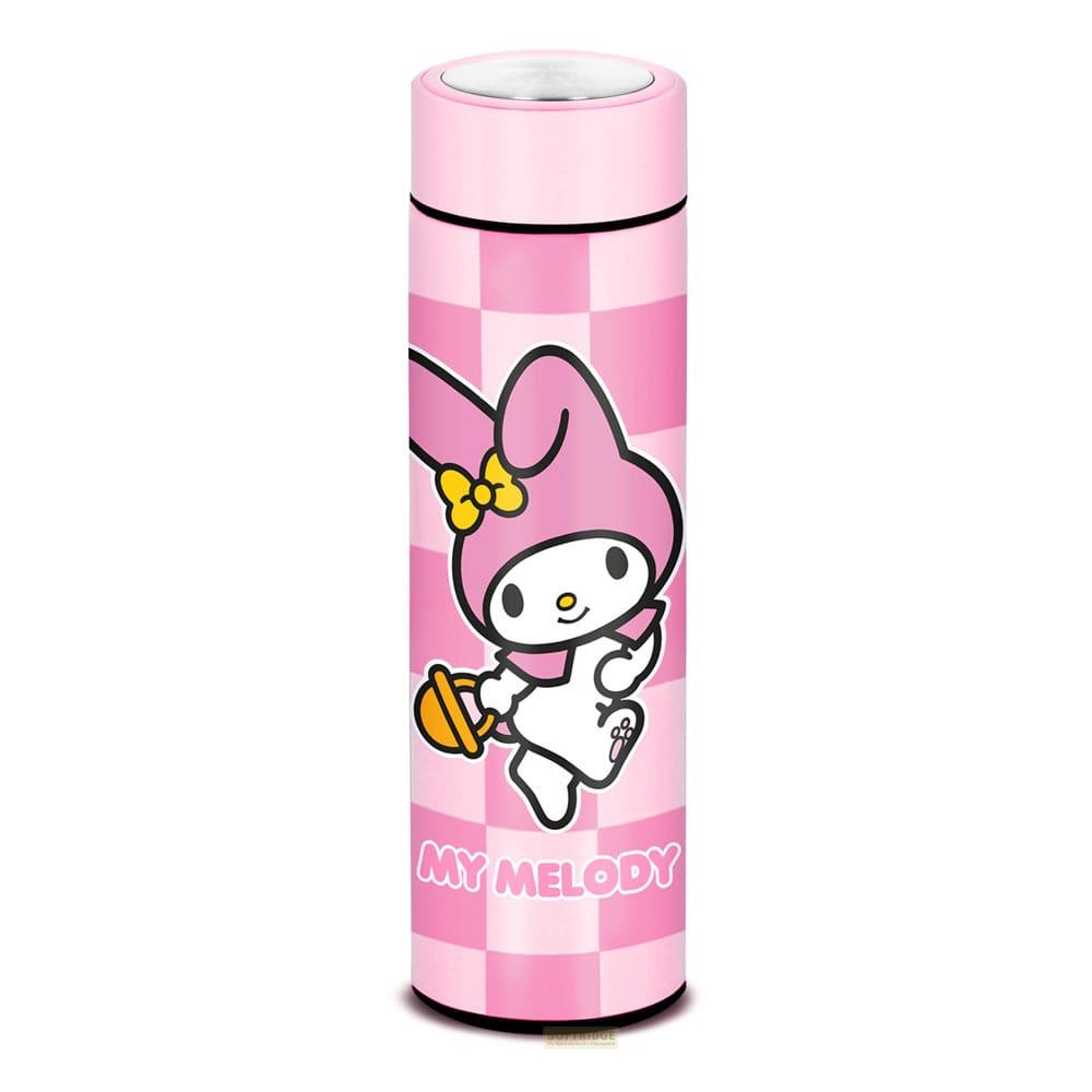 Eine rosa Thermoskanne mit My Melody-Aufdruck und kariertem Muster.