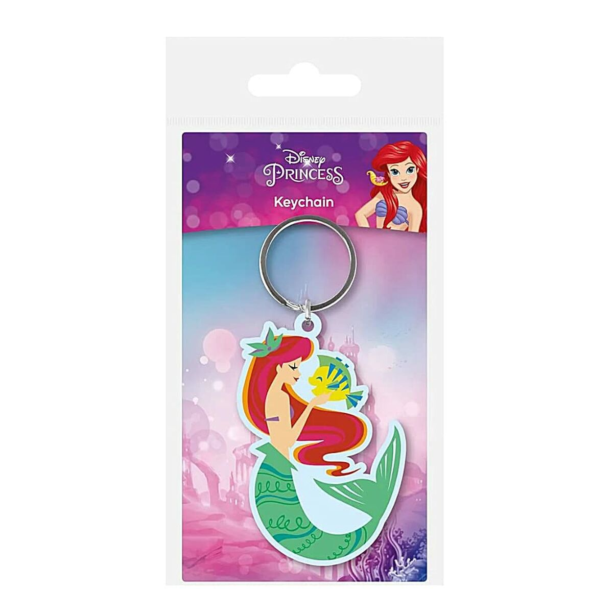 Llavero de Ariel con Flounder frente a un castillo.