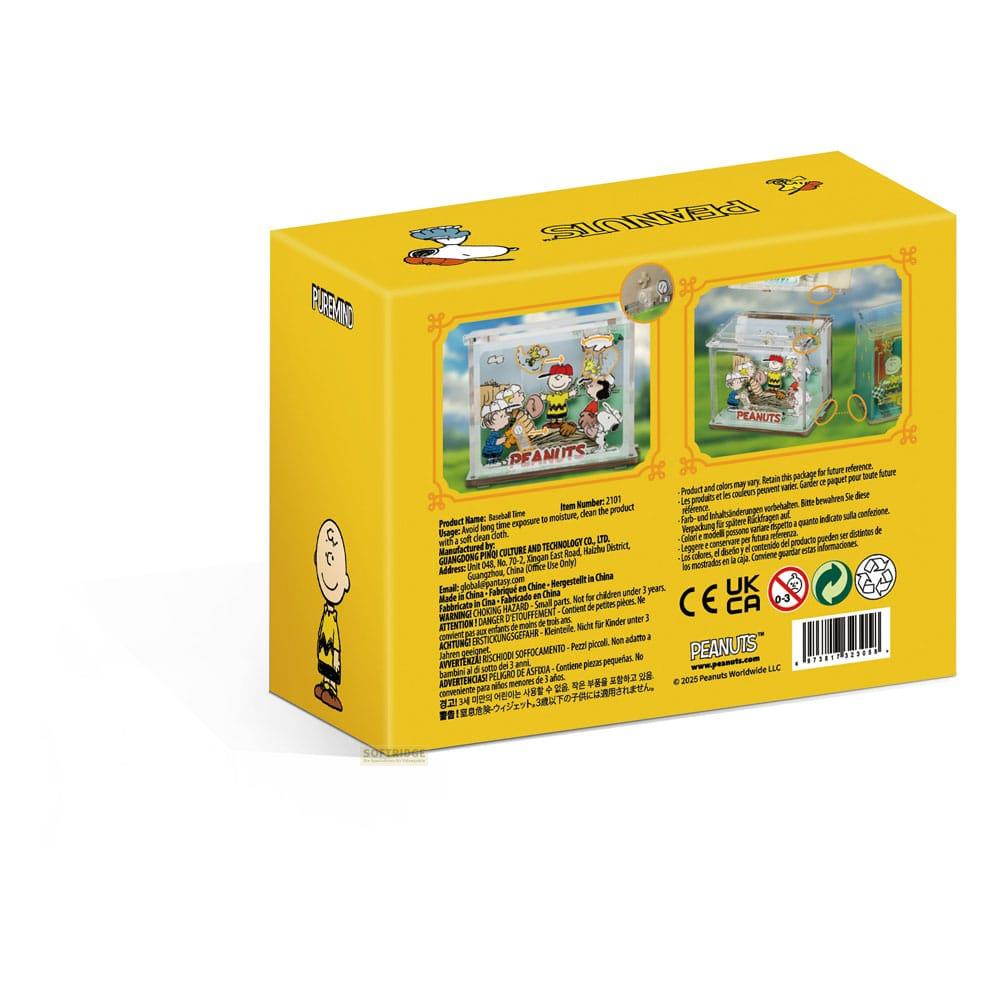 Emballage avec personnages Peanuts, inclut avertissements et informations fabricant.
