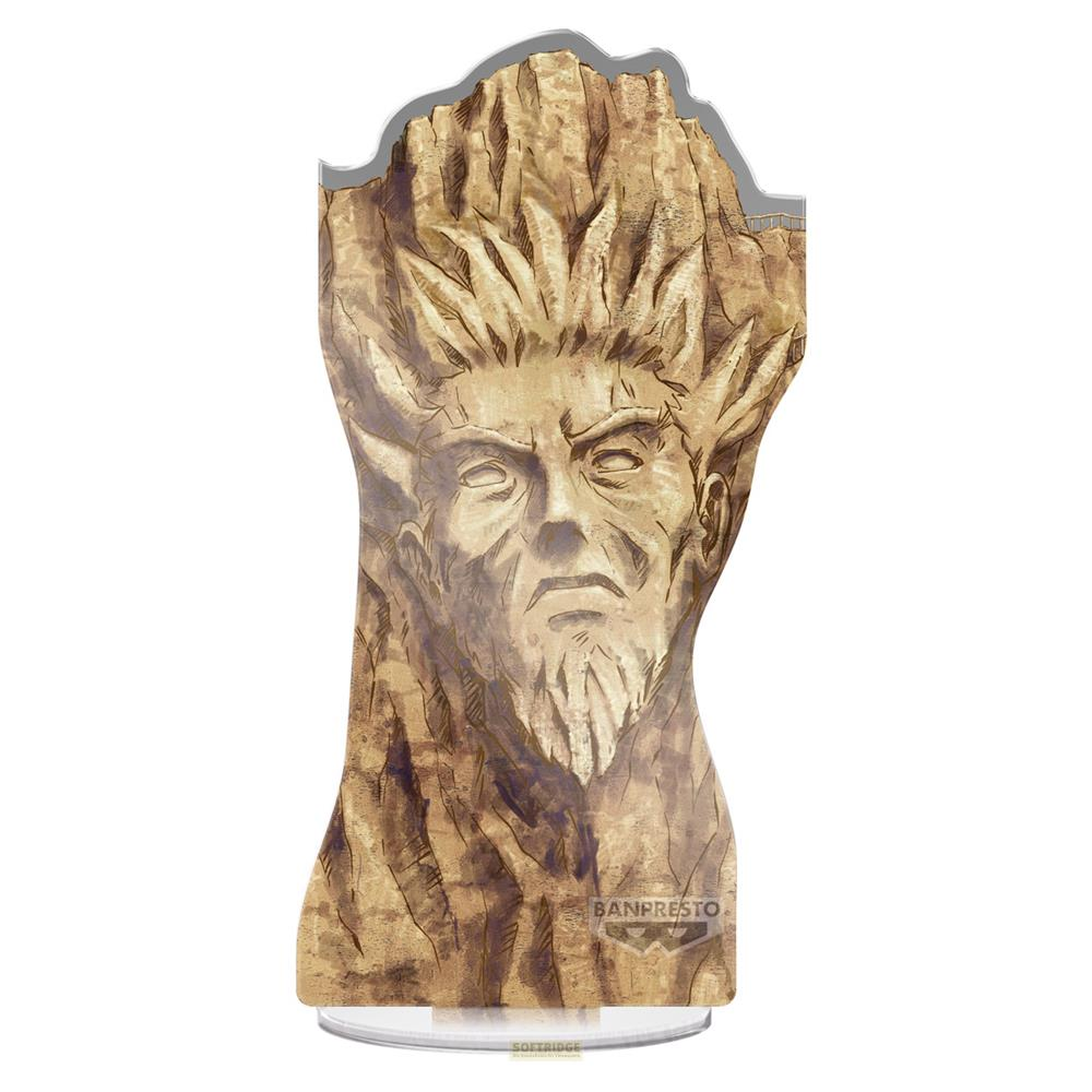 Soporte de acrílico con la cara de piedra de Hashirama Senju de Naruto sobre una base transparente.