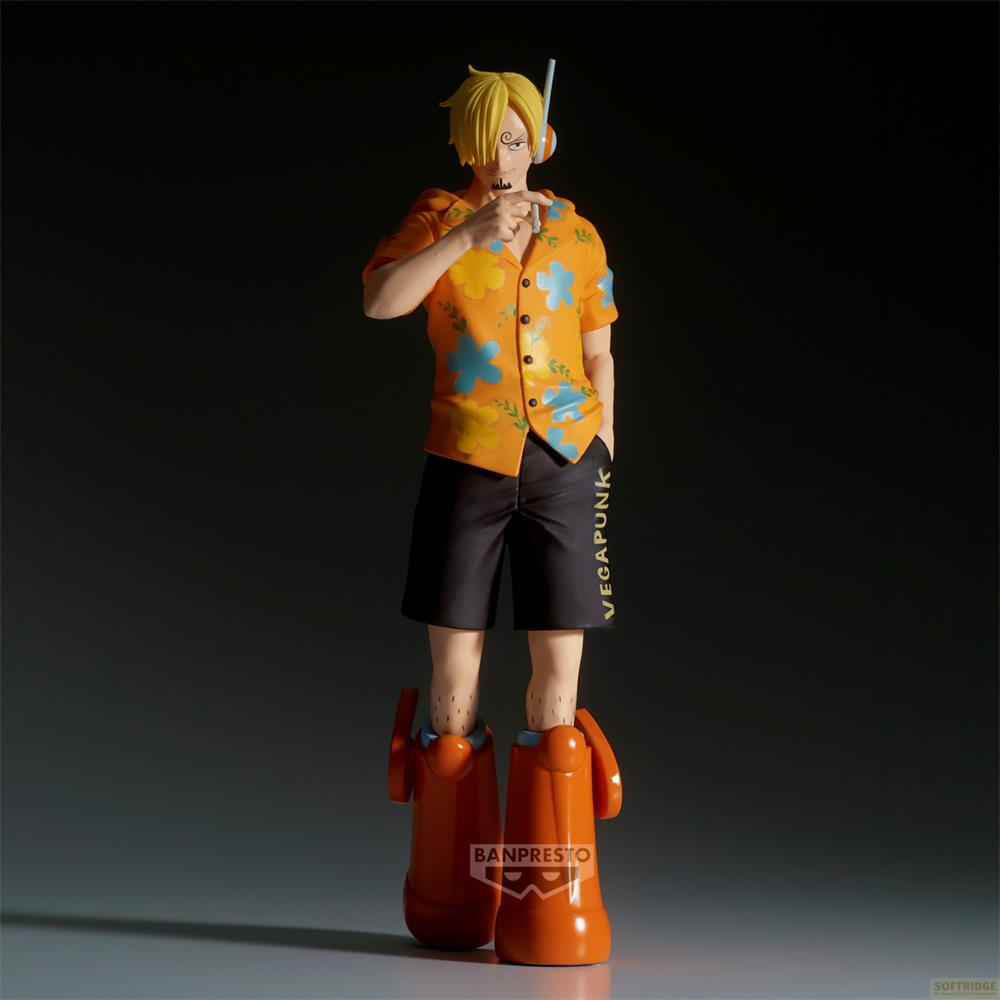 Una figura con pelo rubio, camisa naranja, shorts negros y botas naranjas.