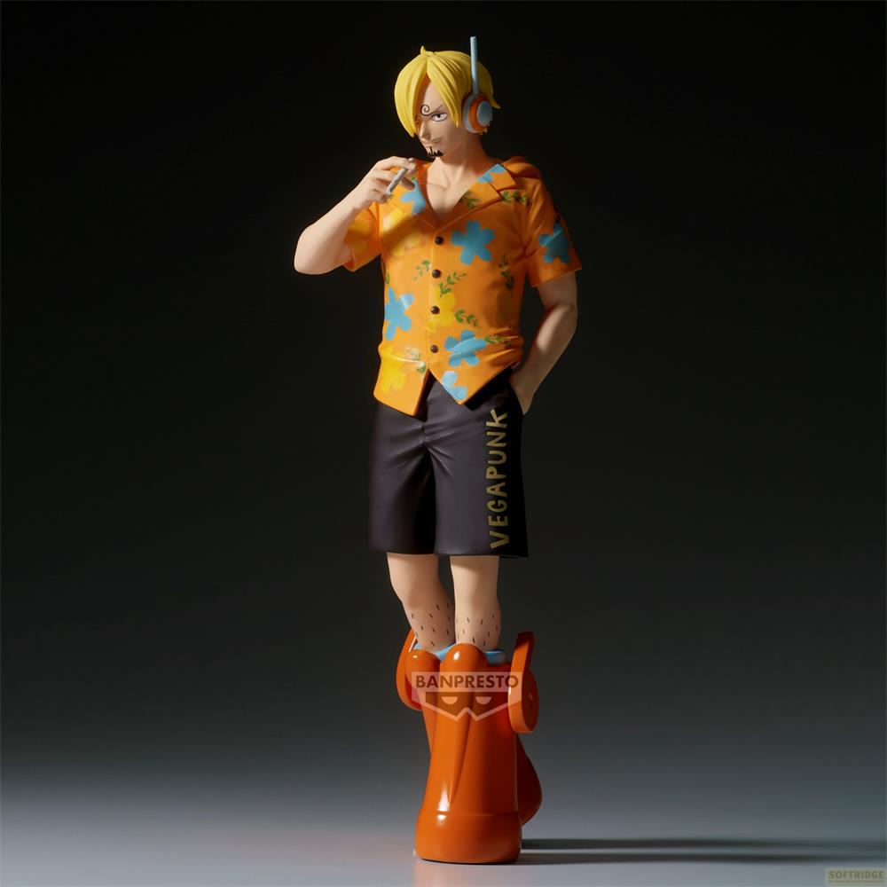 Figura con pelo amarillo, auriculares y camisa naranja floral.