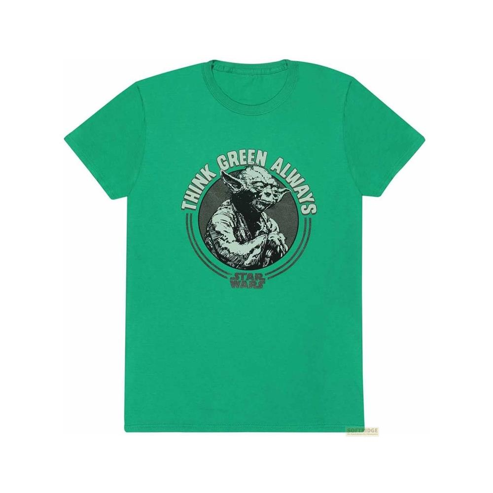 Grünes T-Shirt mit Yoda-Aufdruck und Spruch "Think Green Always".