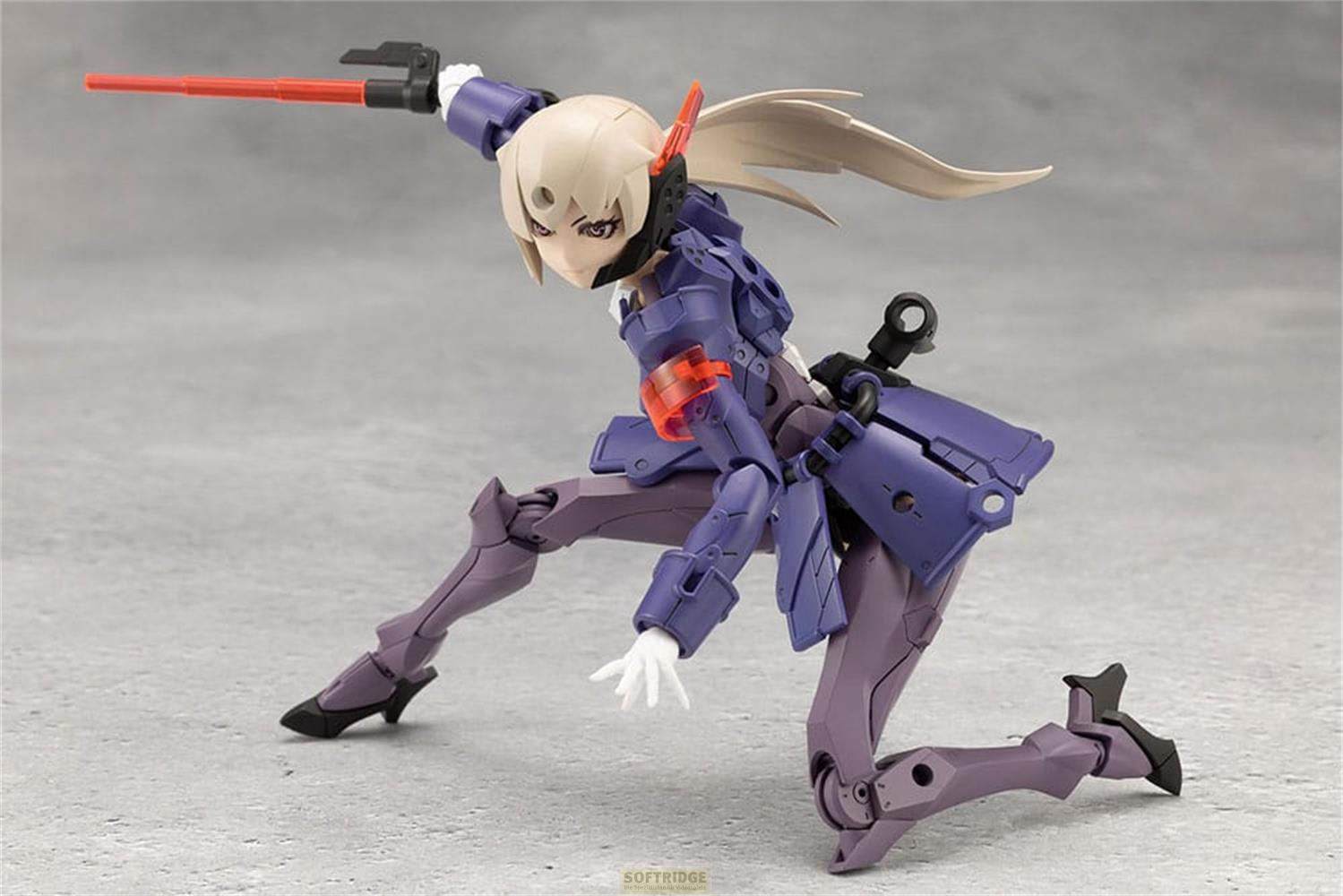Une figurine en armure bleue s'agenouille, tenant une tige rouge.