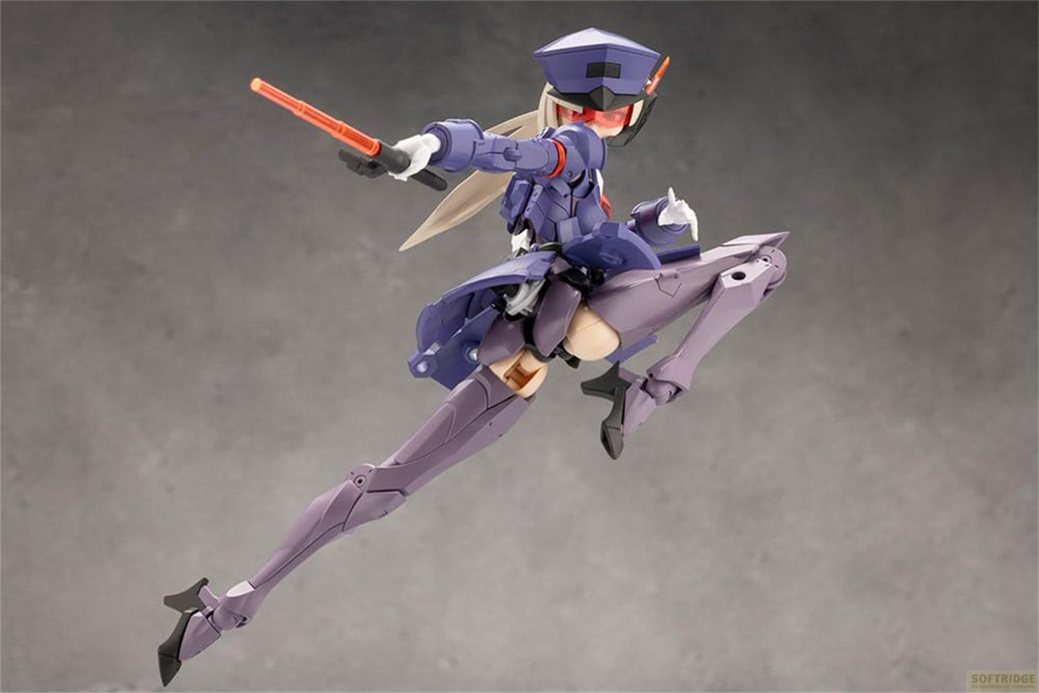 Une figurine en uniforme violet et armure bleue tient une tige orange.