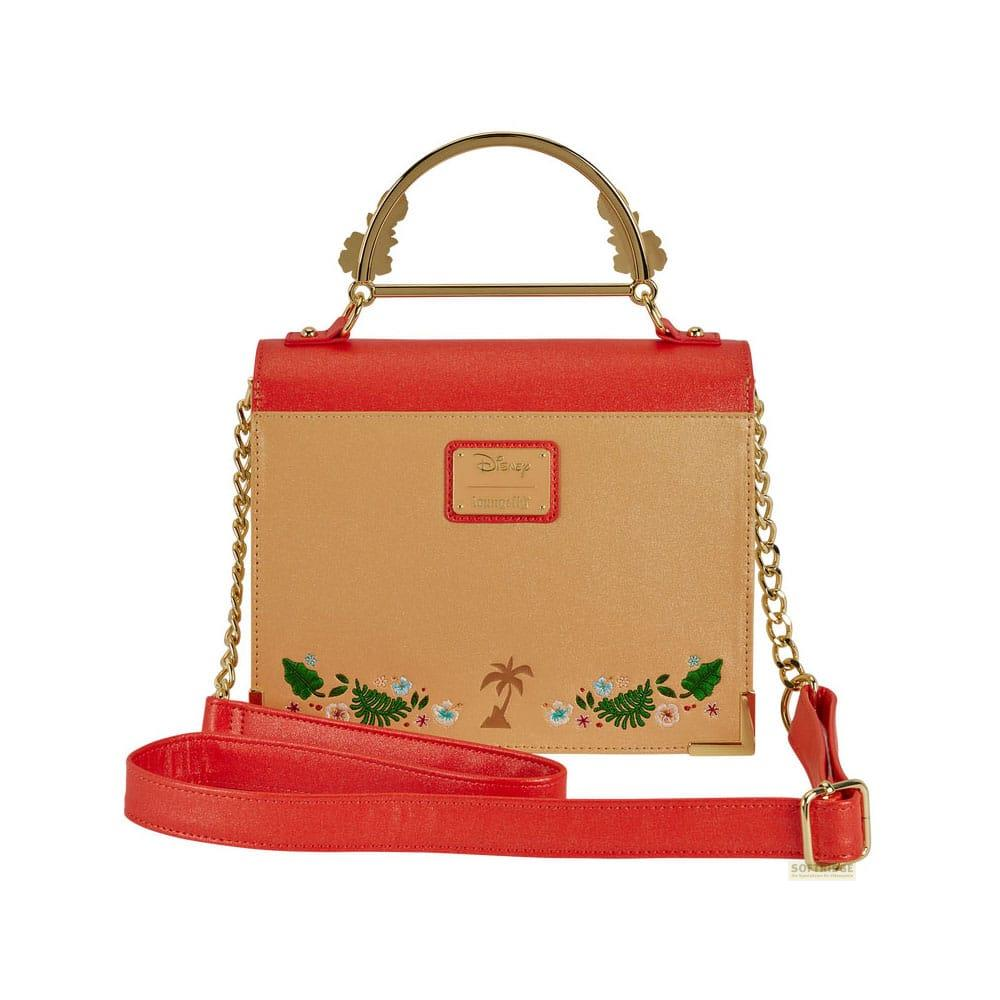 Bolso dorado de Disney con tapa roja, asa y estampado floral.