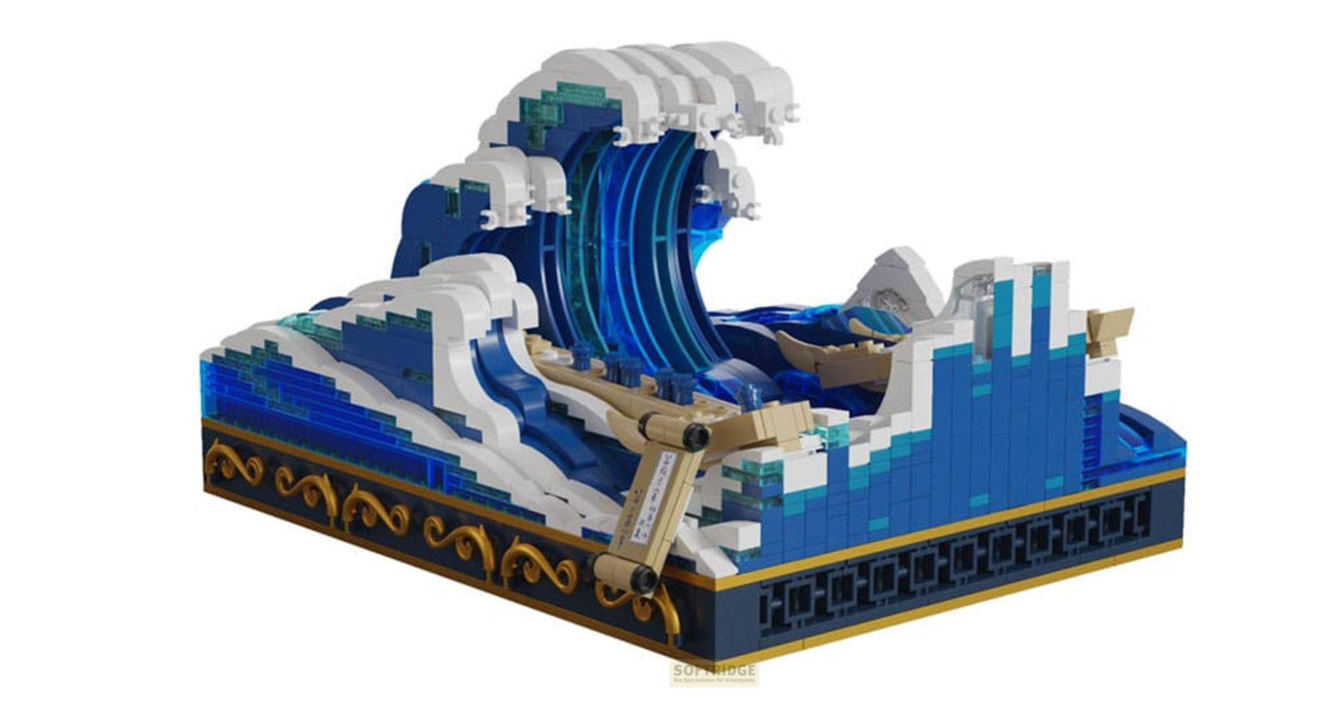 Un modèle Lego d'une vague bleue avec des crêtes d'écume blanche.