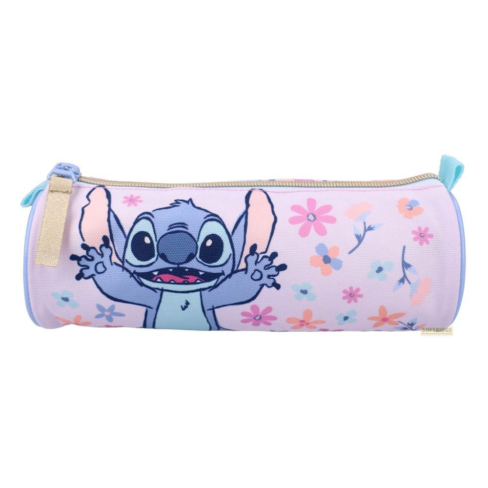Un estuche rosa con Stitch y estampado floral.