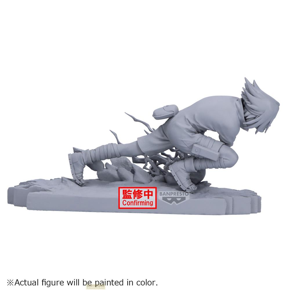 Modelo de figura de anime gris en pose de carrera, rodeado de escombros.