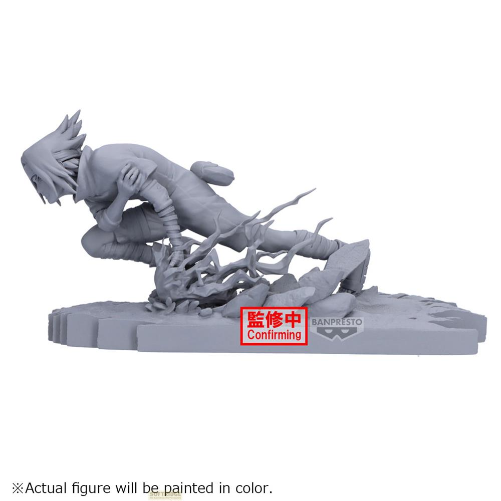 Figura gris de una persona en movimiento, sobre rocas y trozos de madera.