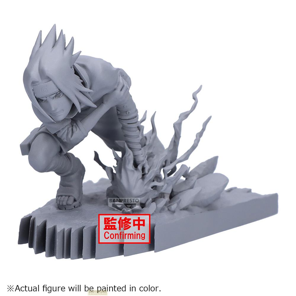 Figura gris de personaje de anime en acción, con llamas sobre una base.