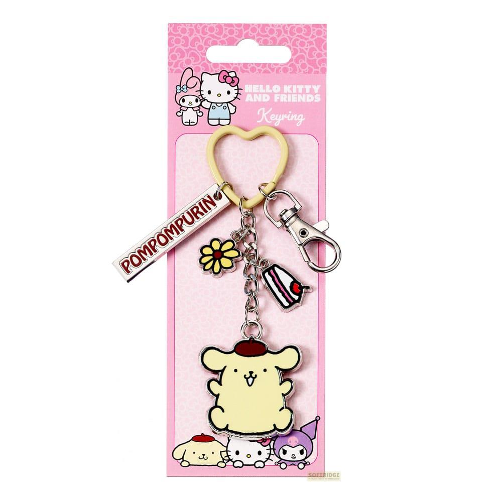 Un llavero de Hello Kitty y Amigos con dijes de Pompompurin, flor y pastel.