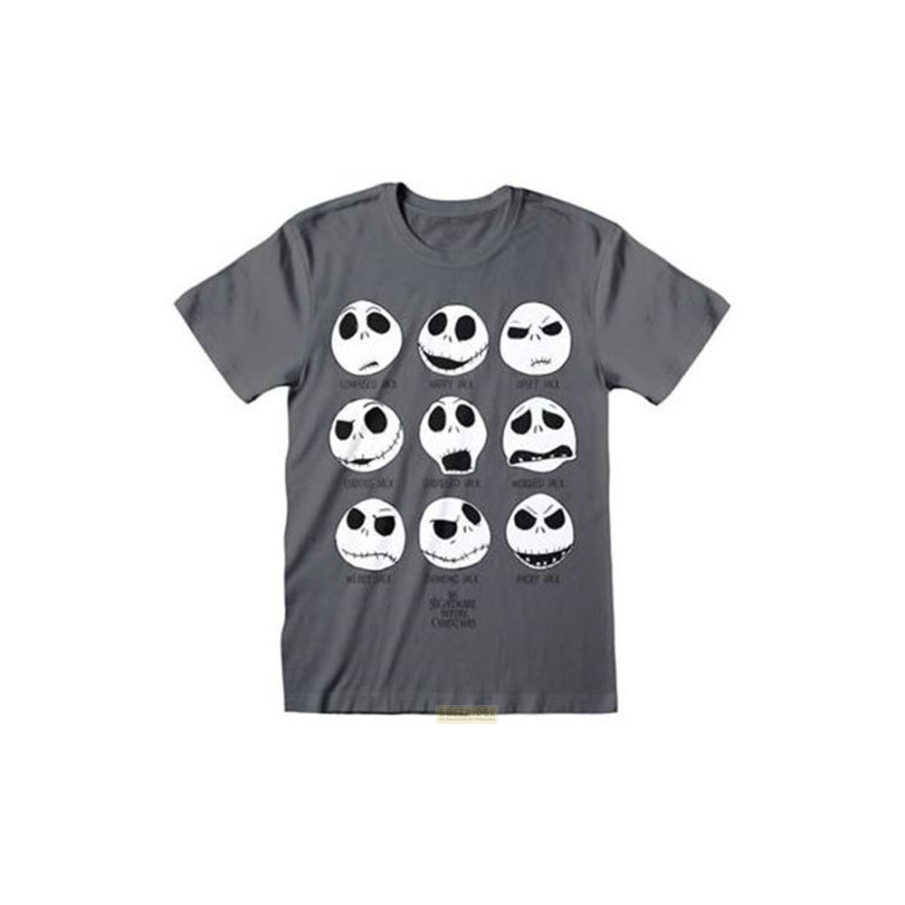 Graues T-Shirt mit neun weißen Jack-Skellington-Gesichtern, die verschiedene Emotionen zeigen.