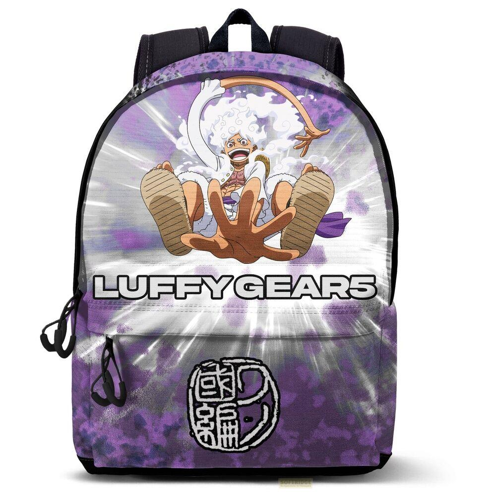 Rucksack mit Luffy Gear 5 Kunst, weißen Haaren, lila Hintergrund und japanischem Textlogo.
