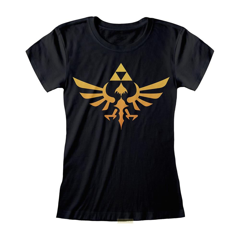 Schwarzes T-Shirt mit goldenem Triforce- und Hylian-Adler-Symbol.