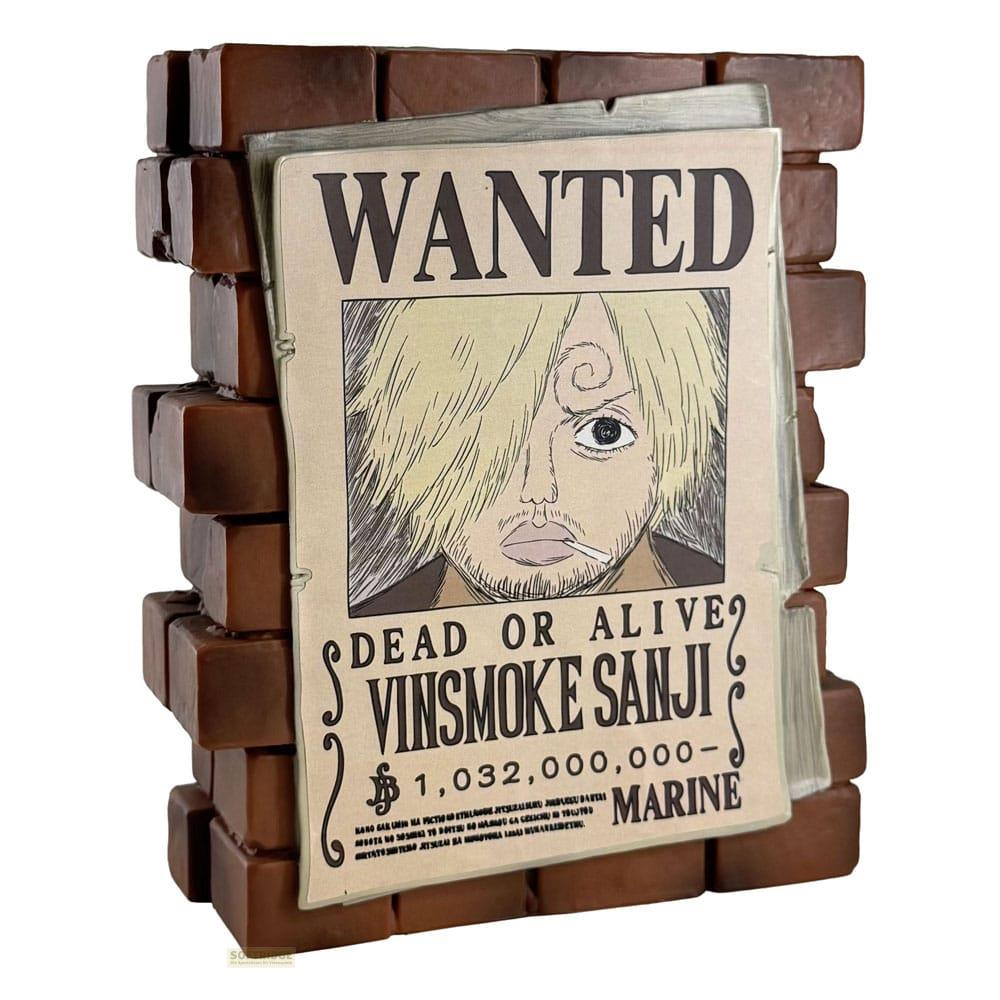 Cartel de "Se busca" de Vinsmoke Sanji con cabeza y recompensa, enmarcado por ladrillos.