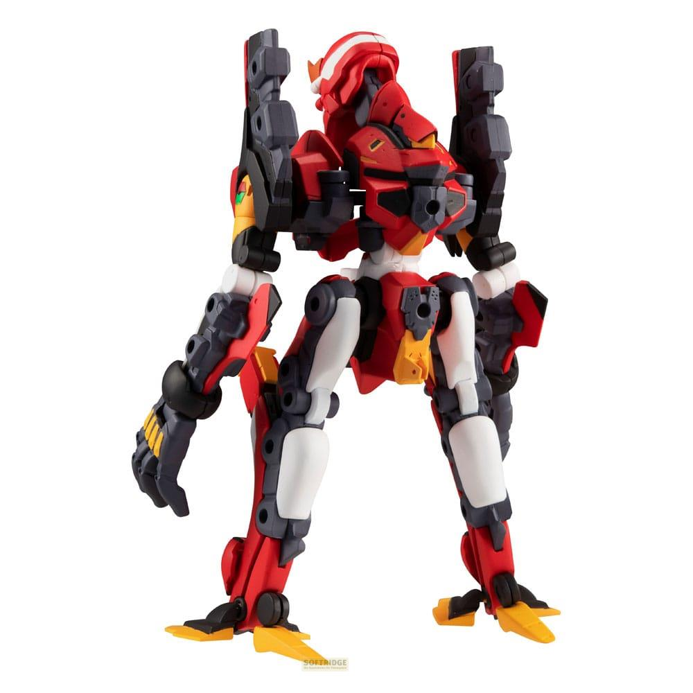 Un robot rosso, bianco e grigio con accenti gialli su sfondo bianco.