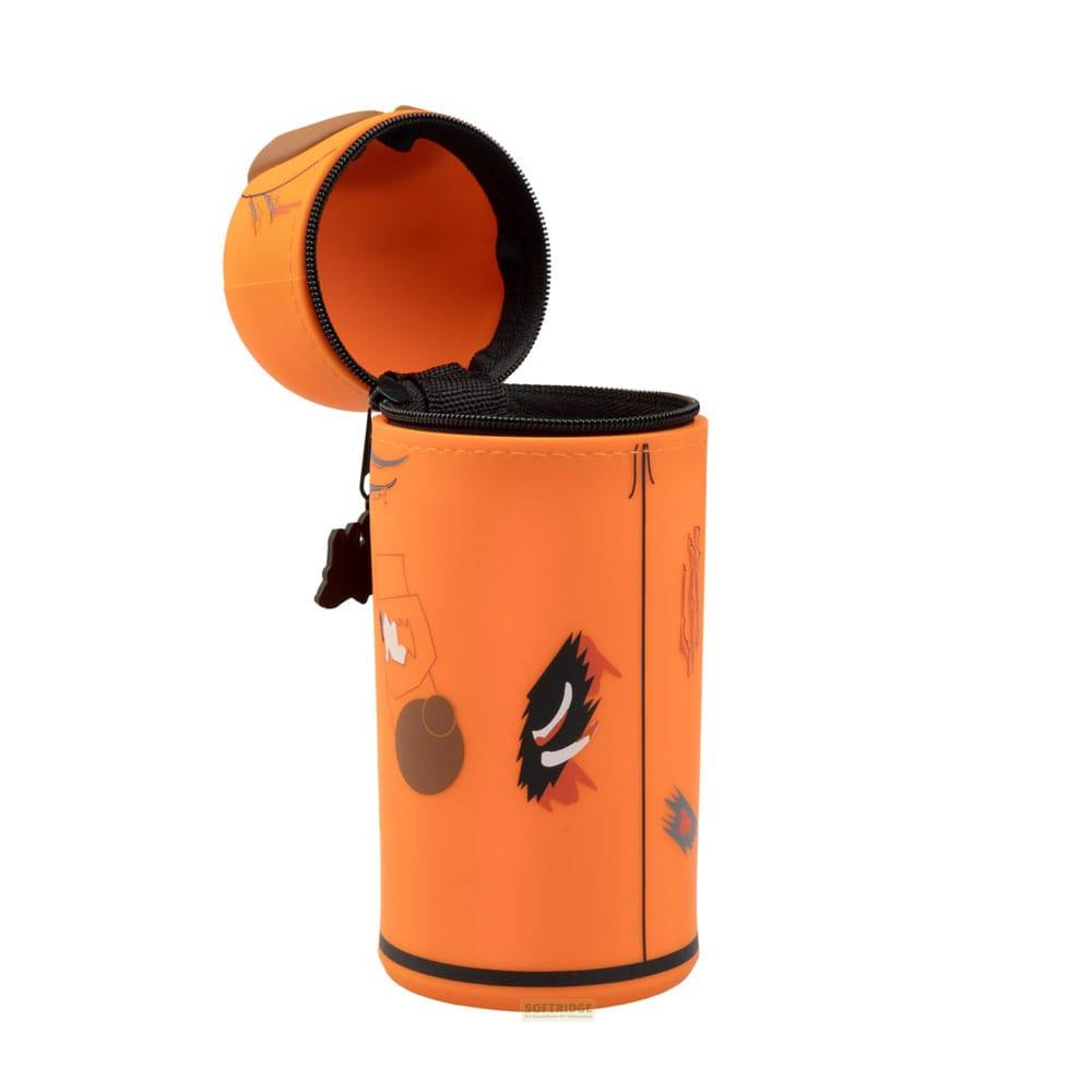 Bolsa cilíndrica naranja con cremallera, abierta por arriba, con gráficos de dibujos animados.