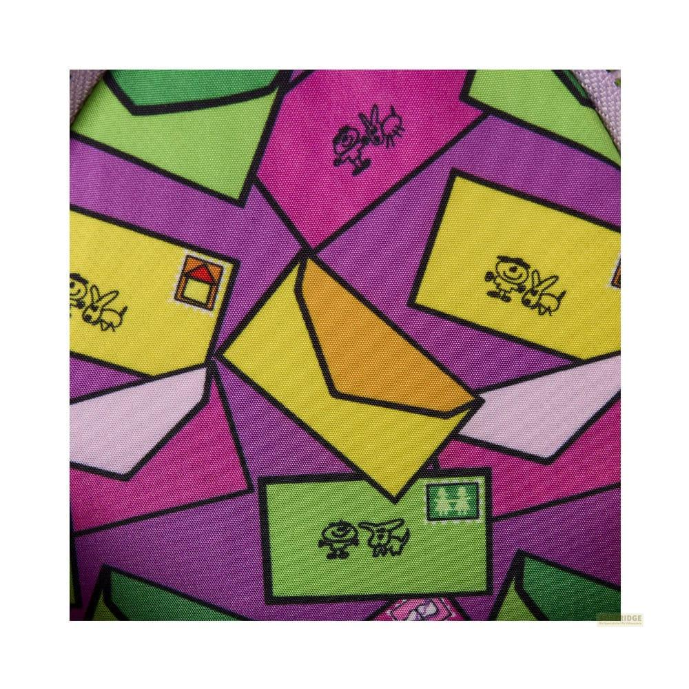 Patrón de sobres coloridos con dibujos animados sobre fondo morado.