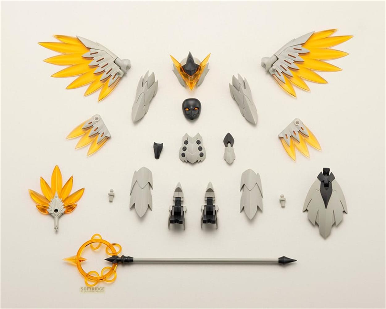 Pièces de kit de modèle pour une figurine : ailes, tête, armure et arme en gris et jaune.