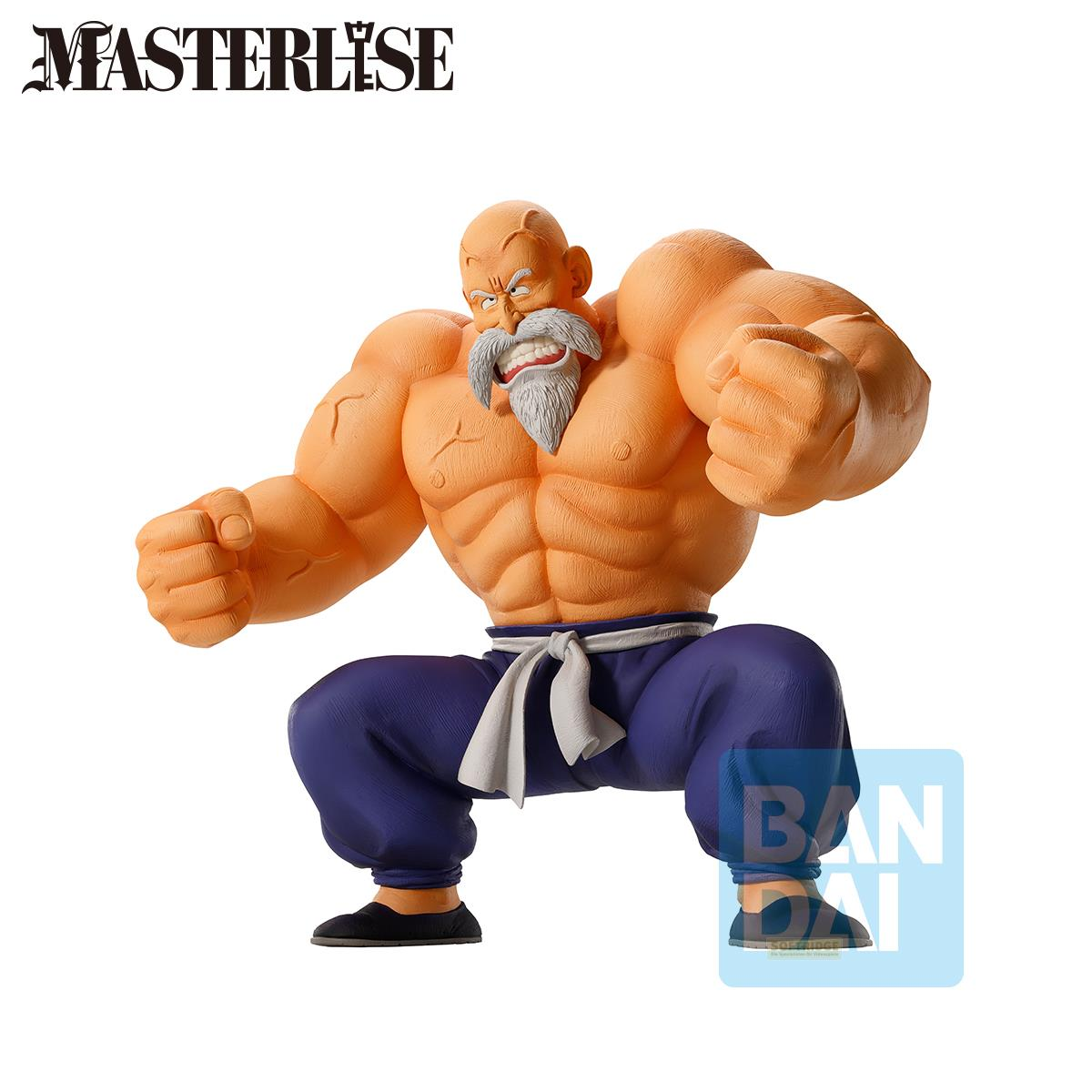 Una figura de acción de un hombre calvo musculoso con bigote gris, vistiendo pantalones azules.