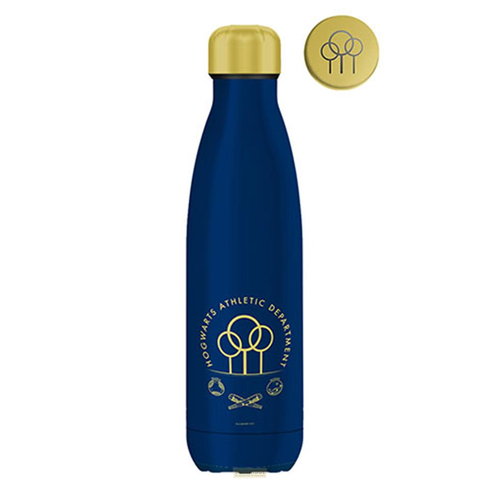 Bouteille bleu foncé avec bouchon doré, logo Poudlard. Petit cercle doré à côté.