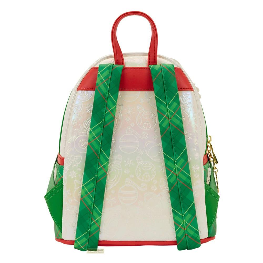Mochila blanca con adornos navideños, ribetes rojos y correas de cuadros.