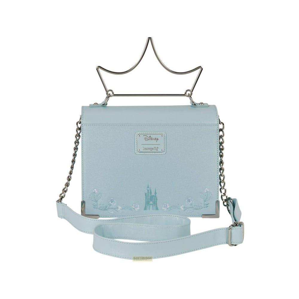 Bolso azul claro con asa de corona y diseño de castillo Disney.