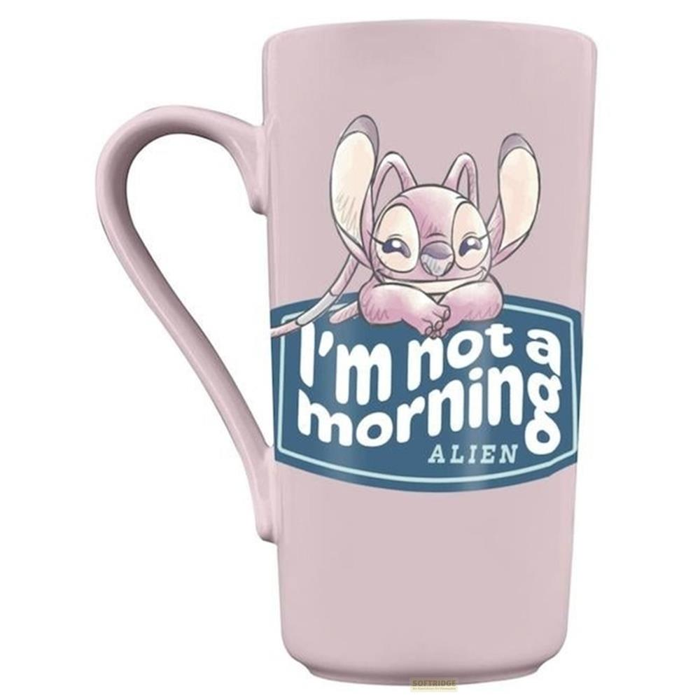 Una taza rosa con Stitch y el texto 'No soy un alien matutino'.