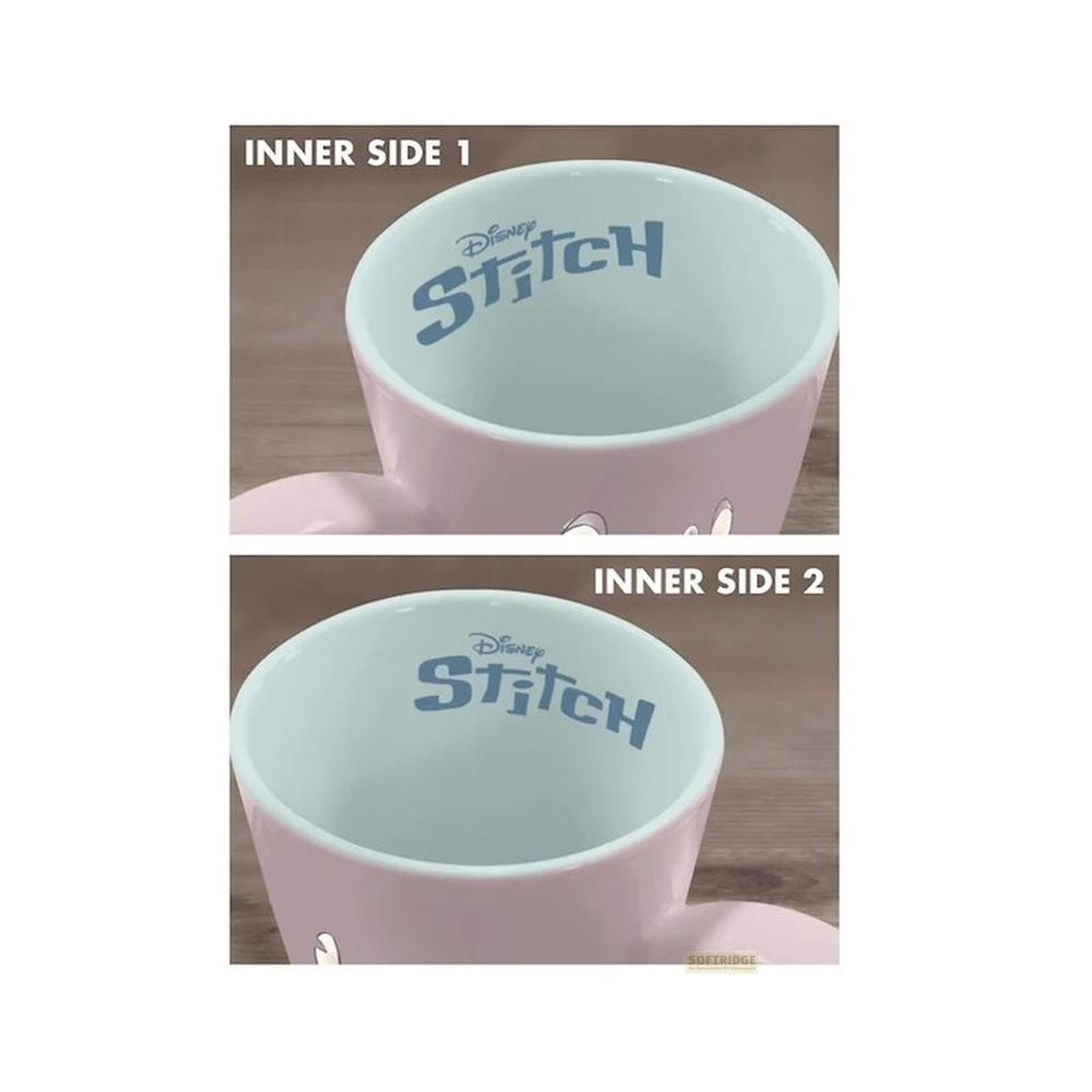 Dos vistas de una taza rosa con el logo "Stitch" en el interior.