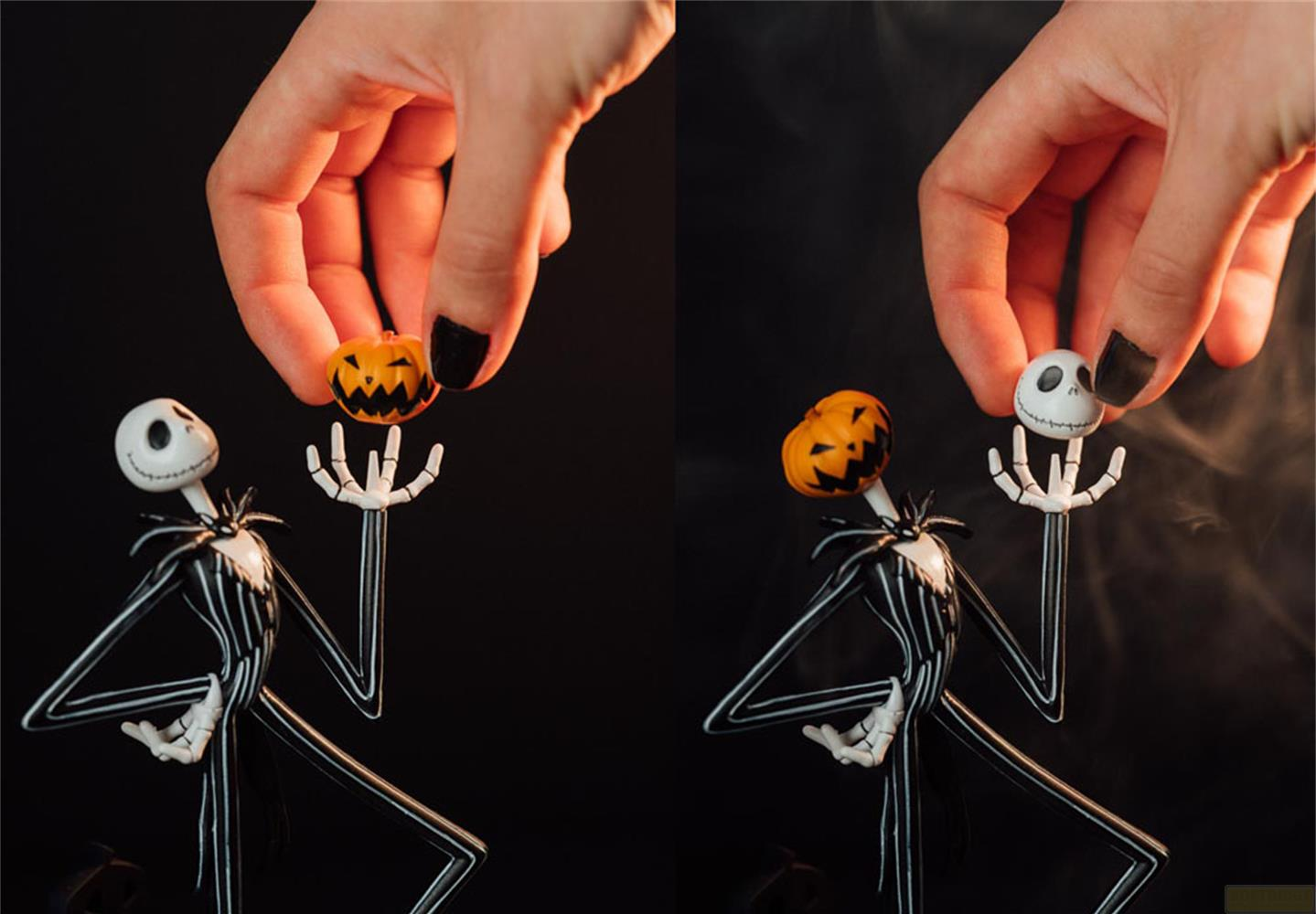 Una figura de esqueleto sostiene una calabaza pequeña y una cabeza.