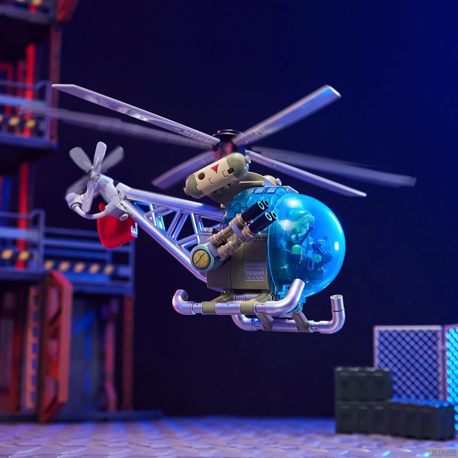 Un hélicoptère jouet avec cockpit bleu et canons flotte devant un fond.