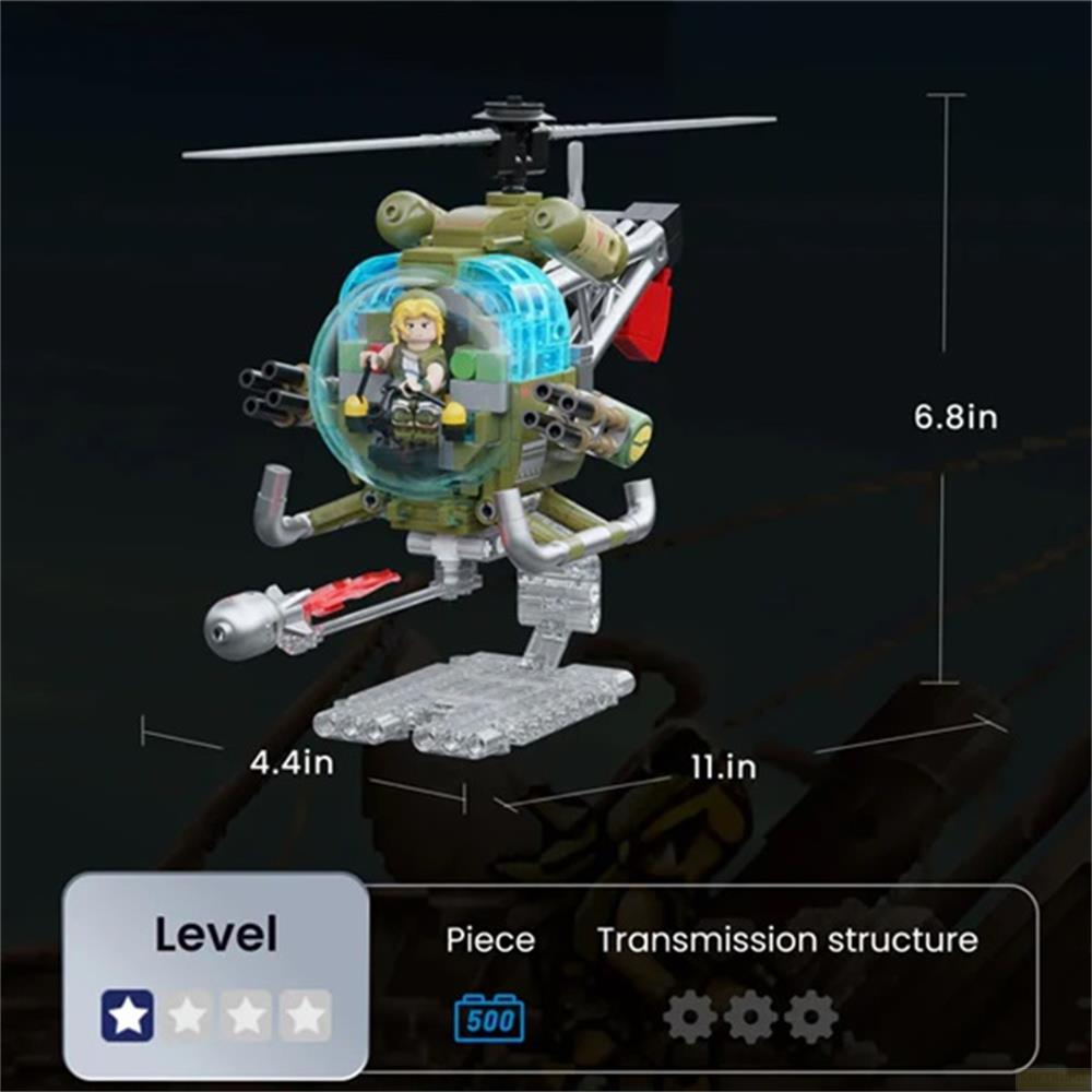 Un hélicoptère jouet avec pilote, armes et cockpit transparent, sur un support.