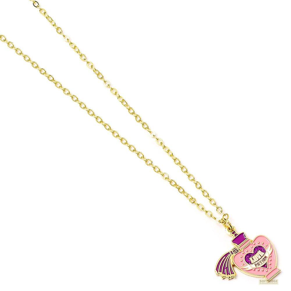 Collar de cadena dorada con colgante de frasco de poción rosa con corazón y alas.