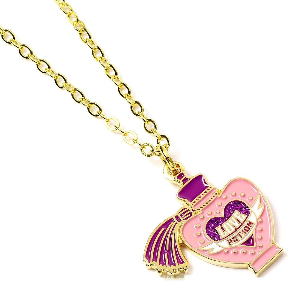 Collier chaîne dorée avec pendentif bouteille de potion rose en forme de cœur.