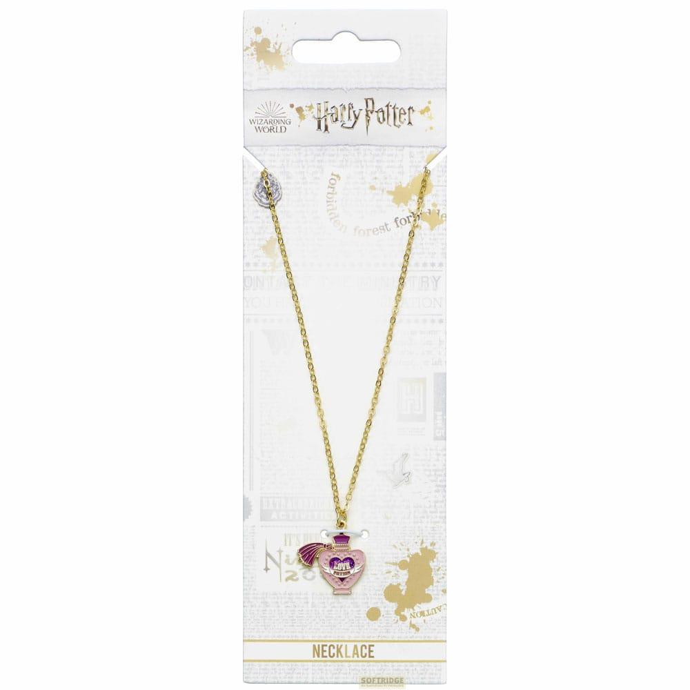 Collar de oro con colgante de botella de poción de amor rosa en embalaje.