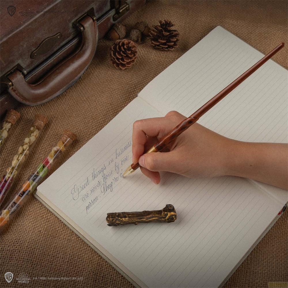 Main écrit avec une plume dans un carnet. Pommes de pin, noix et une mallette.