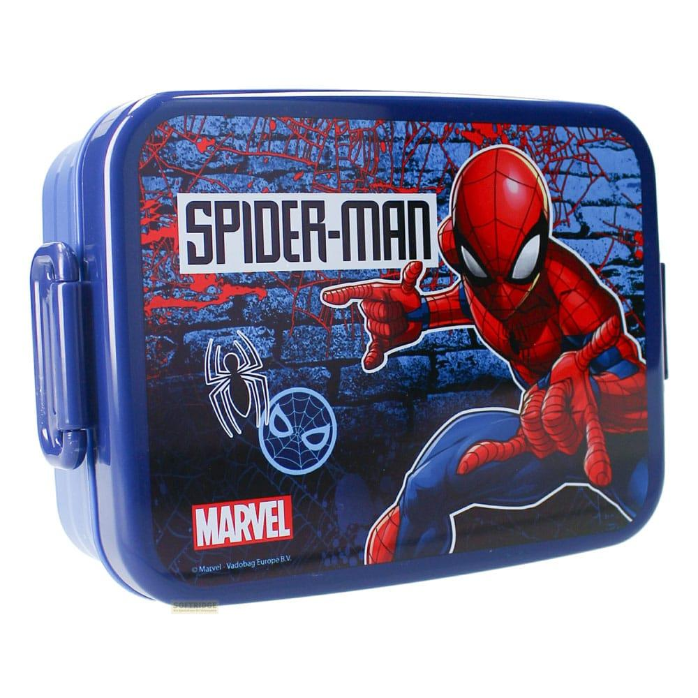 Fiambrera azul con Spider-Man en pose de acción sobre fondo de ladrillos.