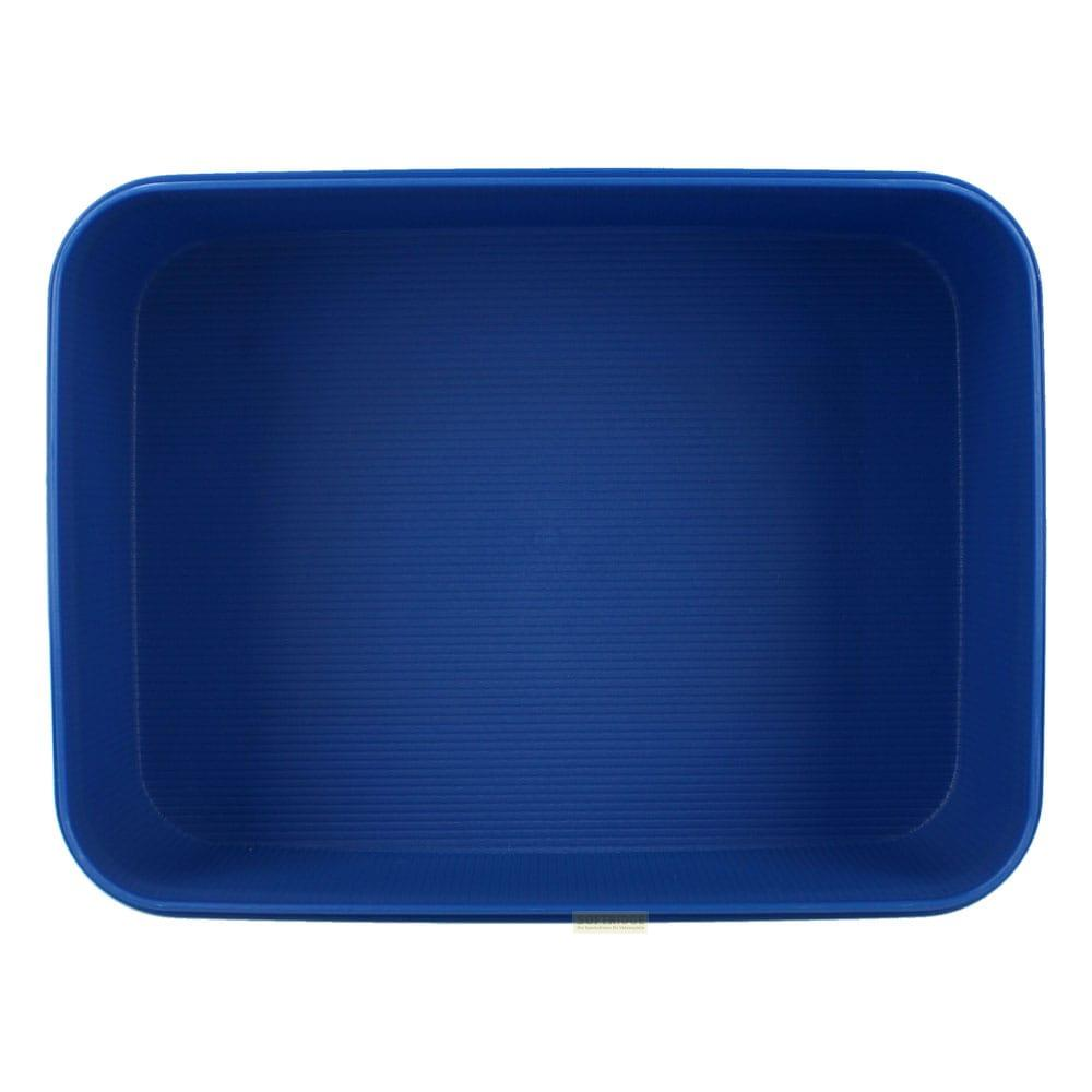 Un recipiente rectangular azul oscuro con esquinas redondeadas y superficie interior acanalada.
