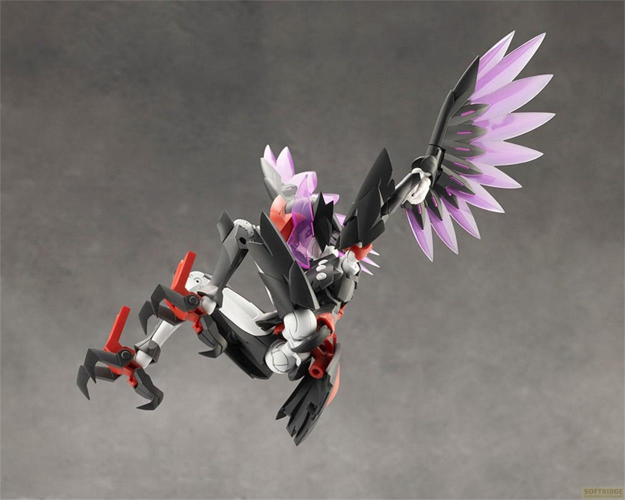 Un robot noir et blanc avec des ailes violettes et des griffes rouges.